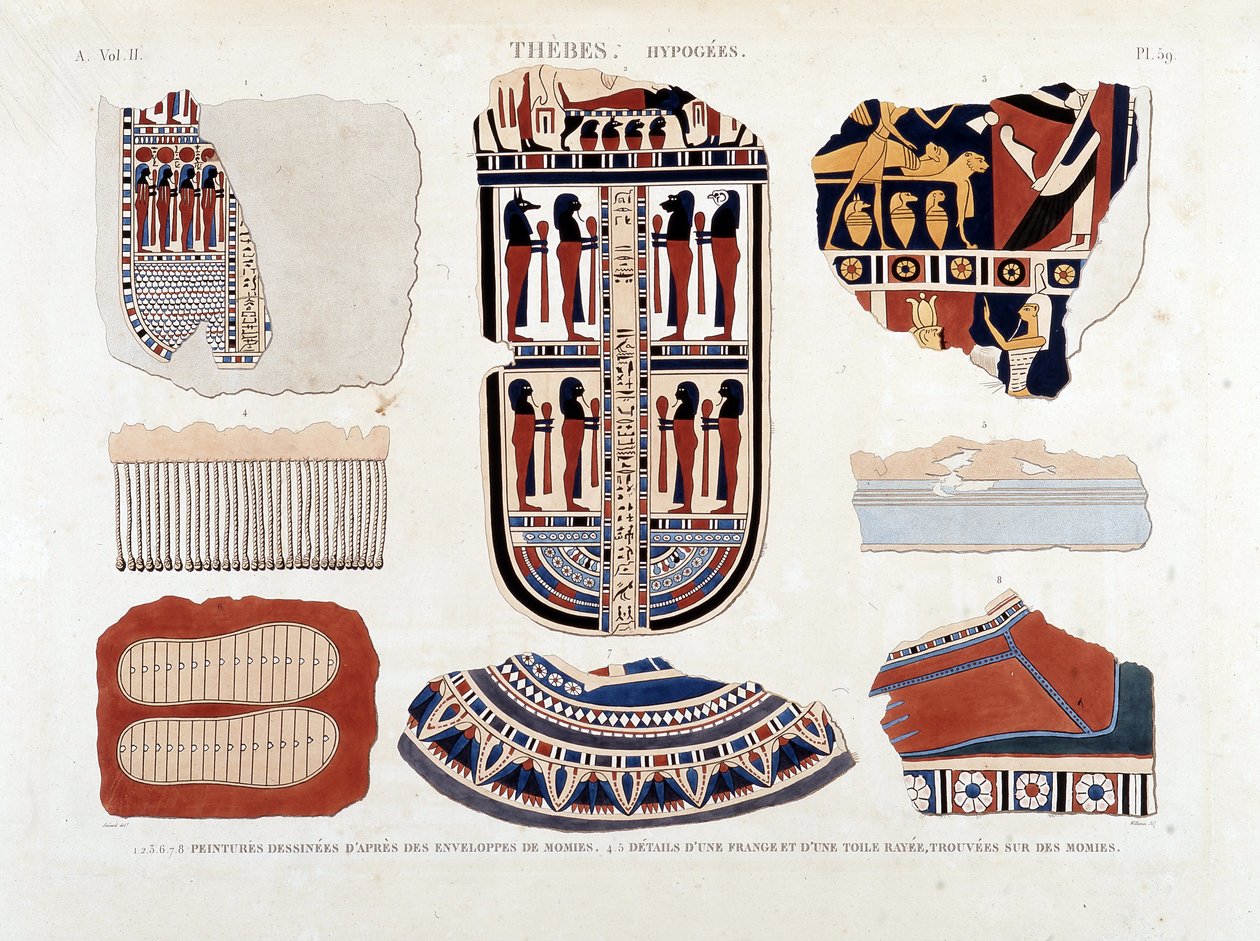 Tebas, Hipócrates: 1.2.3.6.7.8. pinturas de envelopes de múmia 4.5. Detalhes de uma franja e uma tela listrada, encontrados em múmias - em "Descrição do Egito" 1809, Antiquite vol 2 pl 112 de Unknown artist