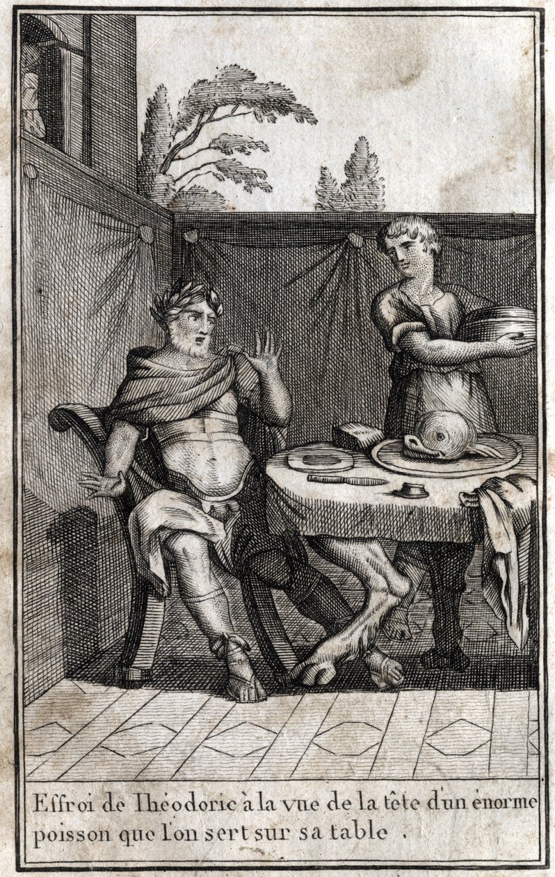Teodórico o Grande (ca. 454/455-526), rei dos Godos, está assustado com a visão da cabeça de um enorme peixe servindo em sua mesa. Gravura em "Beaute de l