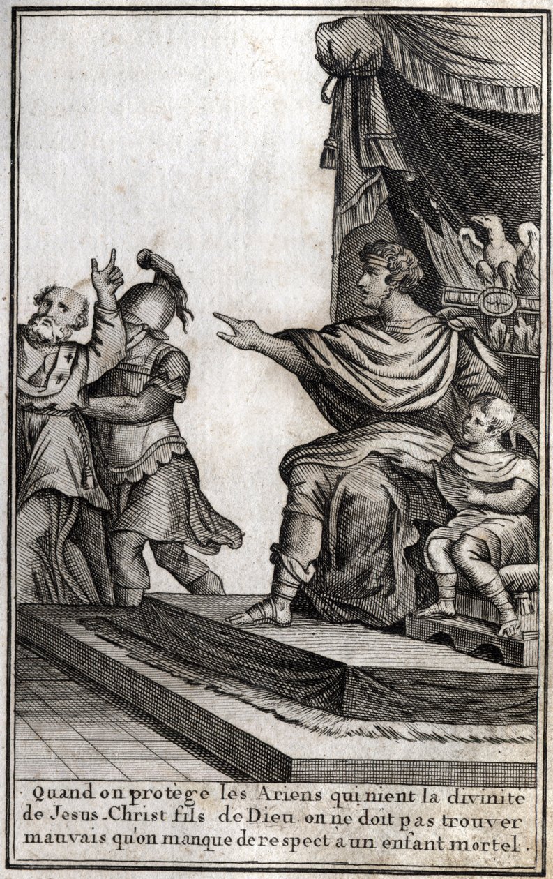 Teodósio I (Flávio Teodósio) (347-395), imperador romano, teve Anfiloque, eveque de Icone, preso por desrespeito ao seu filho, Arcadius (377-408). A eveque declara: "Quando protegemos os arianos que negam a divindade de Jesus Cristo, filho de Deus, devemos de Unknown artist