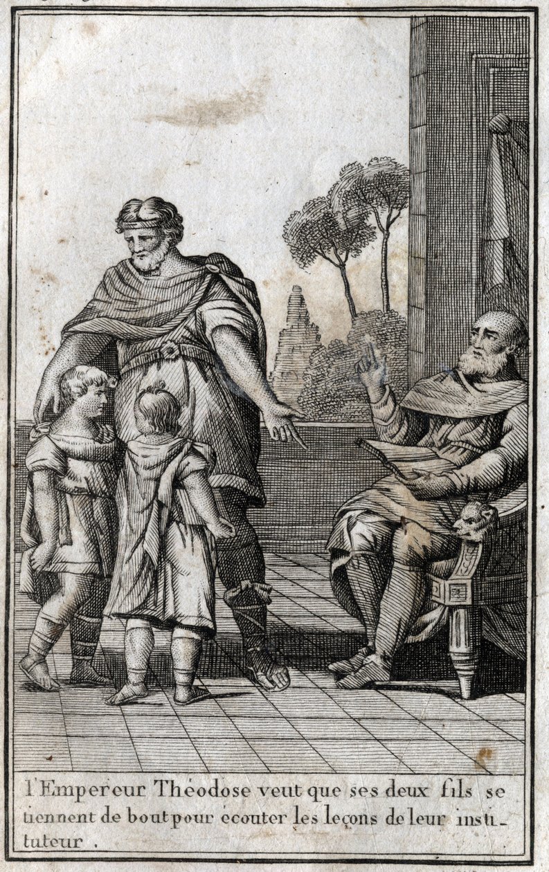 Teodósio I (Flávio Teodósio) (347-395), imperador romano, quer que seus dois filhos, Arcádio (377-408) e Honório (384-423), se levantem para ouvir as lições de seu professor. Século IV. Gravura em "Beaute de l