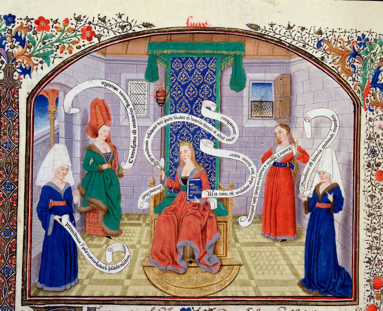 Teoria das virtudes intelectuais. As letras estão escritas nos filactérios. Miniatura do manuscrito (Ms 927 Fol.93v) "Commentary on Political and Economic Ethics" do filósofo grego Aristóteles (383-322 BC) traduzido por Nicolas Oresme (1325-1382) de Unknown artist