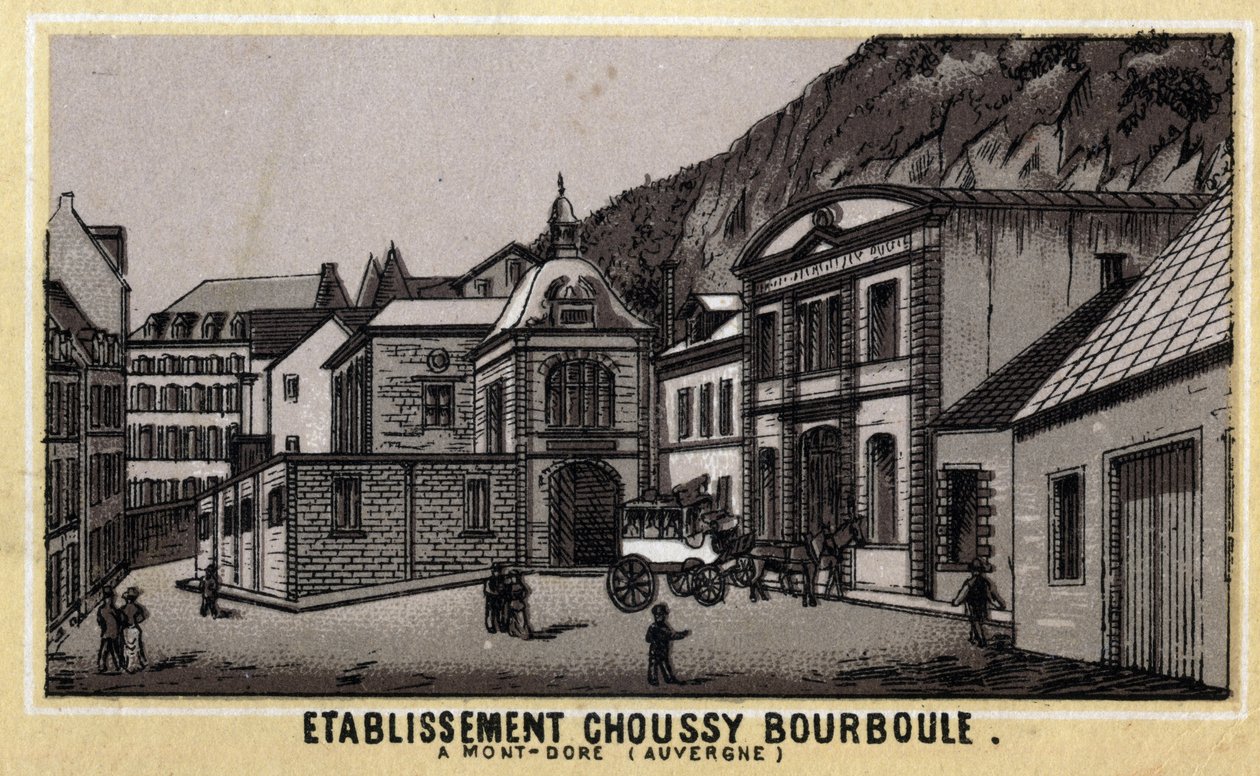 Estabelecimentos termais de Choussy a Bourboule no maciço Monts Dore, no departamento de Puy-de-Dome, em Auvergne. Cromolitografia do final do século XIX. de Unknown artist