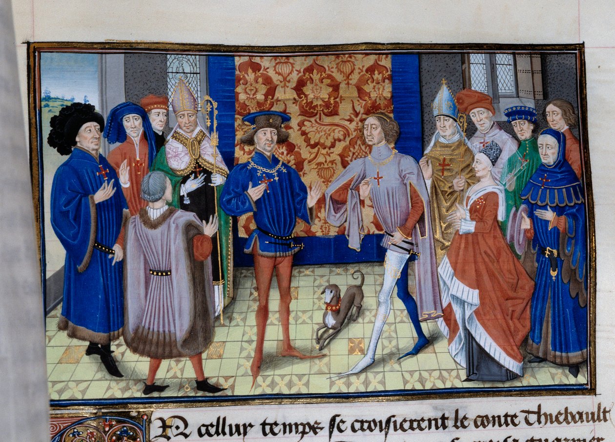 Thibaut III de Champagne (1179-1201), Louis (falecido em 1205), Conde de Blois e Chartres, e Baudouin IX de Flandres (ou Baudouin VI de Hainaut), conhecido como Baudouin I de Constantinopla (1171-1206), encontram-se. Miniatura em "Chronicle du temps de Her de Unknown artist