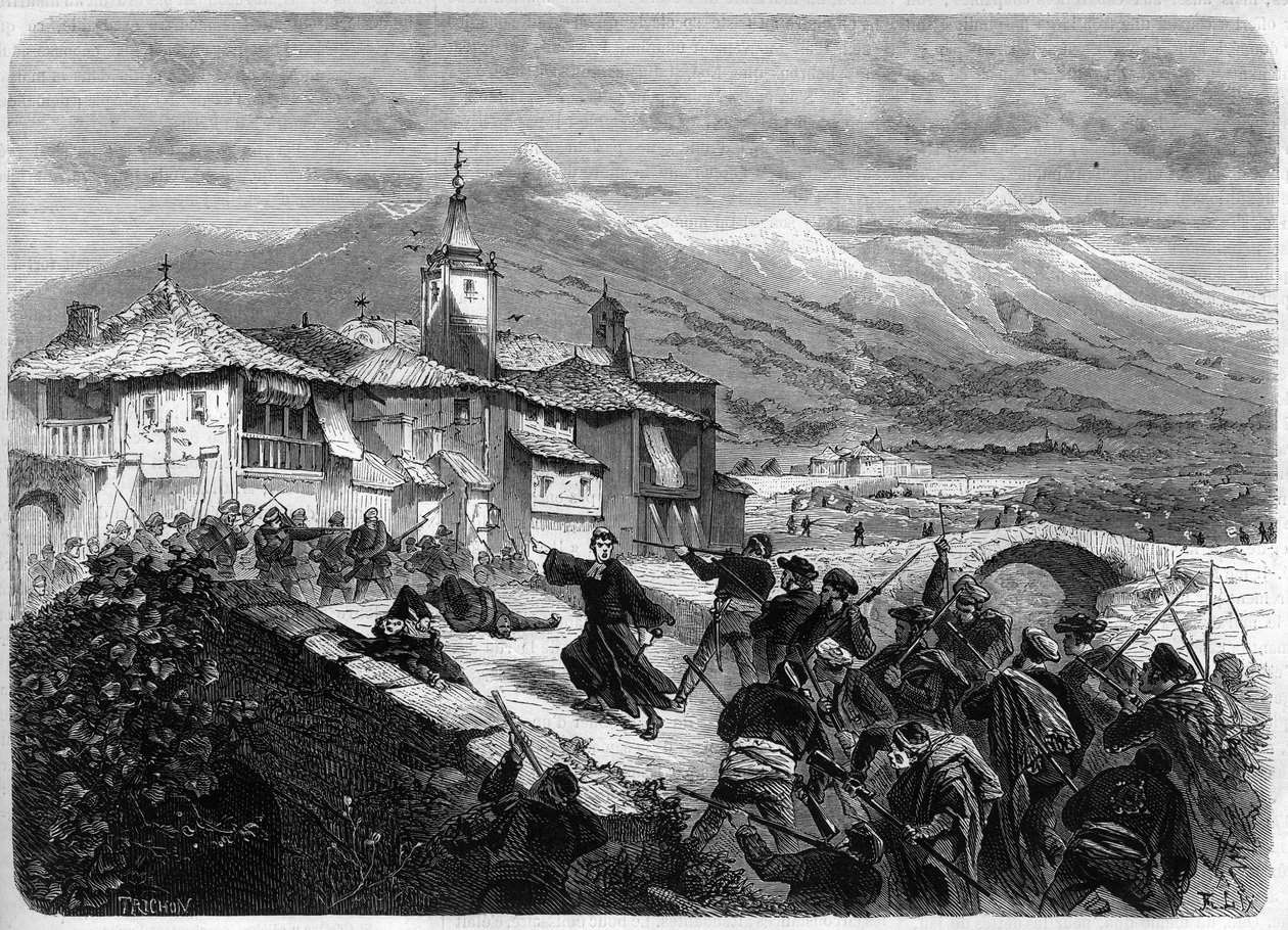 Terceira Guerra da Lista de Carros (1872-1876): Batalha entre tropas do governo e uma banda da Carlist em Navarra, Espanha. Gravação em "L