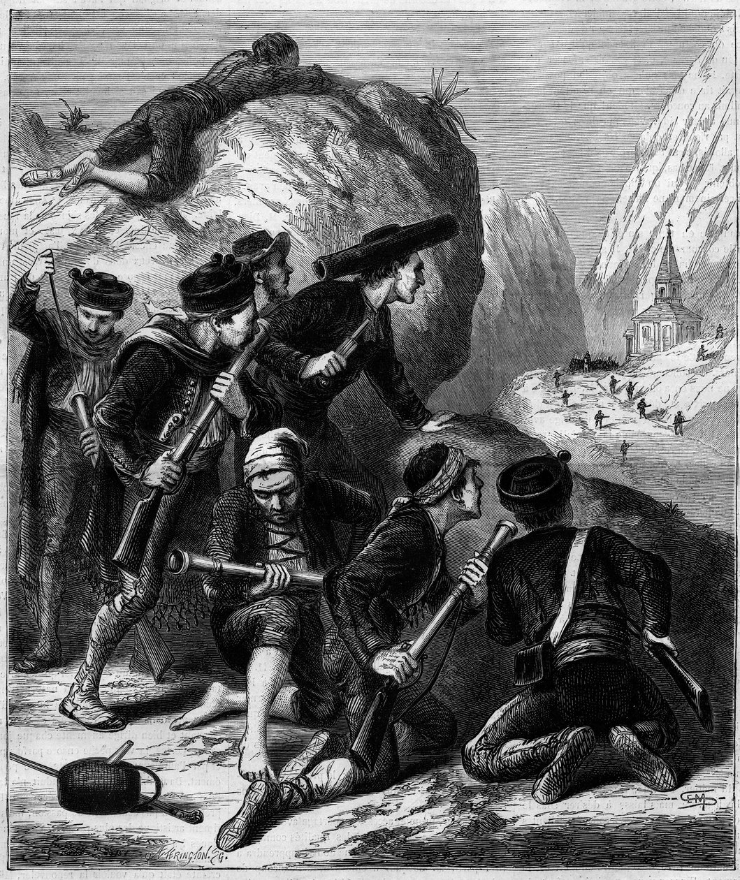 Terceira Guerra de Carlist (1872-1876): uma emboscada de Carlist em Navarra. de Unknown artist