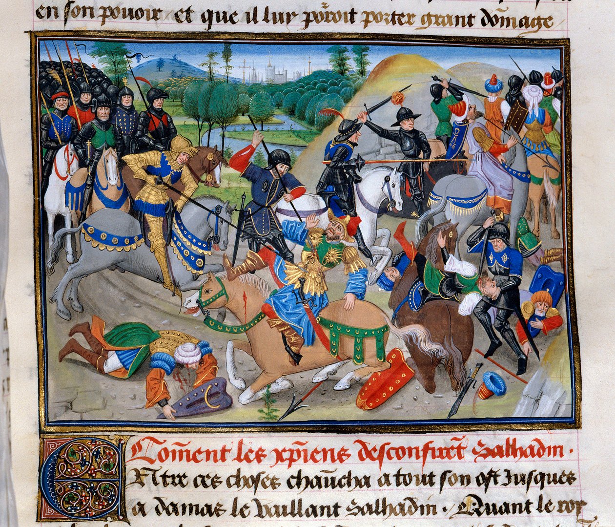 Terceira Cruzada: "Como os cristãos confirmam Saladino" Saladino (1138-1193) (Salah al Din Yusuf al-Ayyubi (al Ayyubi) é derrotado pelas Cruzadas por volta de 1191. Miniatura de "Chronicle abregee", de David Aubert de Unknown artist