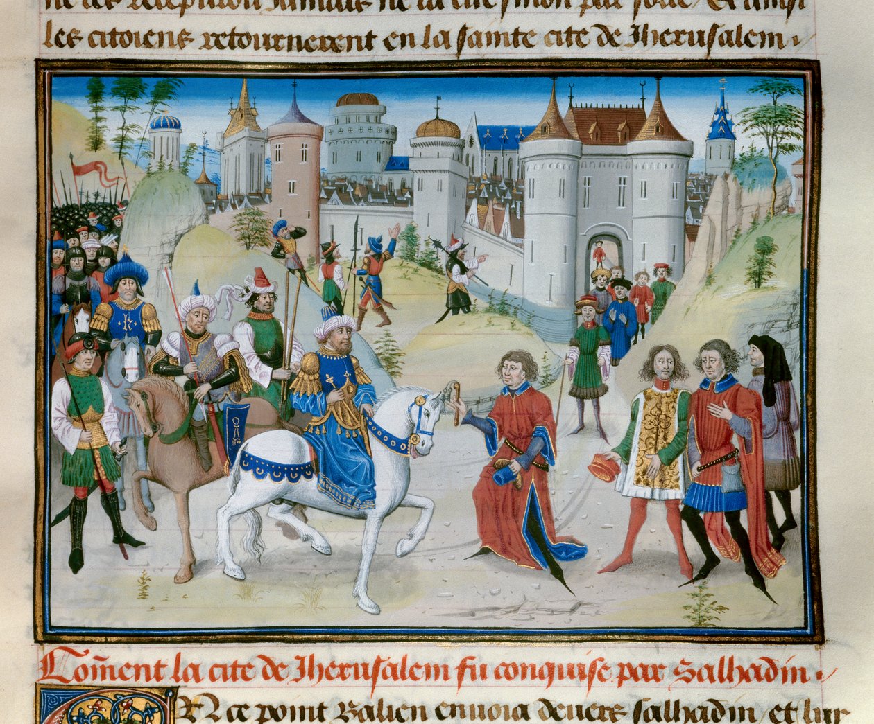 Terceira Cruzada: a captura de Jerusalém pelo Sultão Saladino (1138-1193) (Salah al-Din Yusuf al-Ayyubi (al-Ayyyubi) em 1187. Miniatura de "Chronicle abregee", de David Aubert de Unknown artist