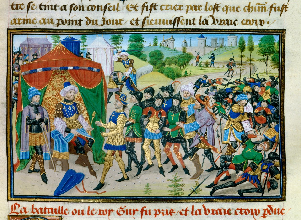 Terceira Cruzada: a perda da Cruz Verdadeira durante a batalha de Hattin em 4 de julho de 1187, Miniatura de "Chronicle abregee" de David Aubert, ca. 1450 de Unknown artist