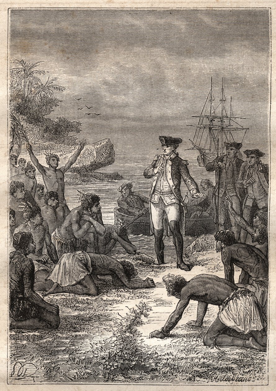 Terceira viagem (1776-1779) do Capitão James Cook (1728-1779): Cook é recebido pelos nativos (Havaí) - ilustração tirada de "Os Grandes Marinheiros do Século 18". de Unknown artist