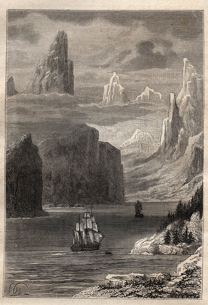 Terceira viagem (1776-1779) do Capitão James Cook (1728-1779): Entrada do Príncipe William (Príncipe William) (Alasca) - ilustração tirada de "The Great Mariners of the 18th century" (Os Grandes Marinheiros do século XVIII) de Unknown artist