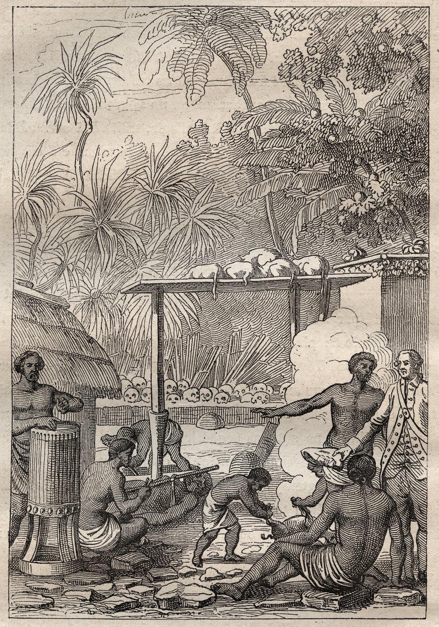 Terceira viagem (1776-1779) do Capitão James Cook (1728-1779): sacrifício humano ao Taiti - ilustração tirada de "Os Grandes Marinheiros do século XVIII". de Unknown artist