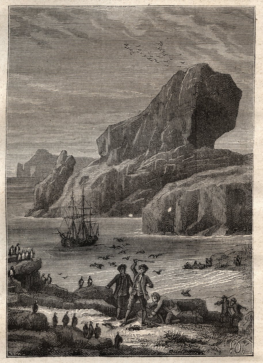 Terceira viagem (1776-1779) do Capitão James Cook (1728-1779): as ilhas de Kerguelen (arquipélago de Kerguelen, Antárctida) - ilustração retirada de "Os Grandes Marinheiros do século XVIII". de Unknown artist