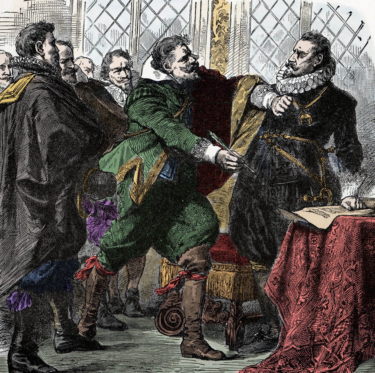 Guerra dos Trinta Anos: Assine, Nandel! - Guerra dos Trinta Anos (1618-1648): O Conde Paul Jakob von Starhemberg (1560-1635) pede ao Imperador Fernando II (1578-1637) que assine um acordo para restaurar a paz em Boheme. de Unknown artist