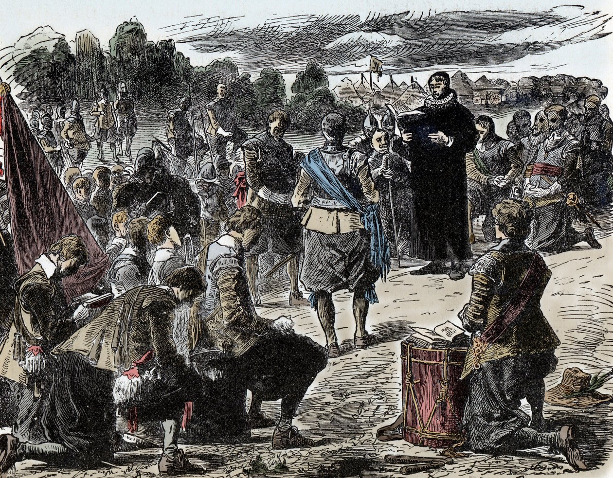 Guerra dos Trinta Anos: Suecos em Oração antes da Batalha de Luetzen - Guerra dos Trinta Anos (1618-1648): Rei Gustavo II Adolphe da Suécia (1594-1632) e suas tropas se reúnem para uma celebração religiosa antes da Batalha de Lutzen (1632) de Unknown artist