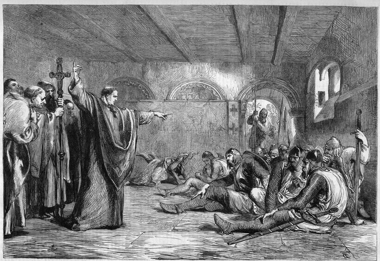 Thomas Becket morreu, 29 de Dezembro de 1170: o arcebispo de Cantorbery Saint Thomas de Canterbury (1117-1170) reuniu-se nos seus apartamentos com os seus assassinos, os cavaleiros Guilherme de Tracy, Ricardo o Bretão, Reginald Fitzurse, Hugues de Morville de Unknown artist