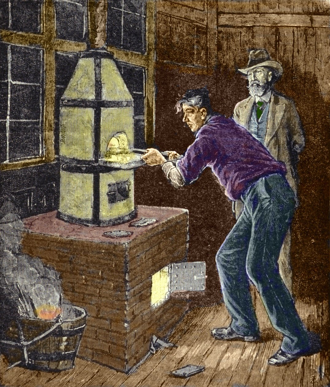 Thomas Edison faz experiências por volta de 1879 com papel carbono para a lâmpada incandescente. de Unknown artist