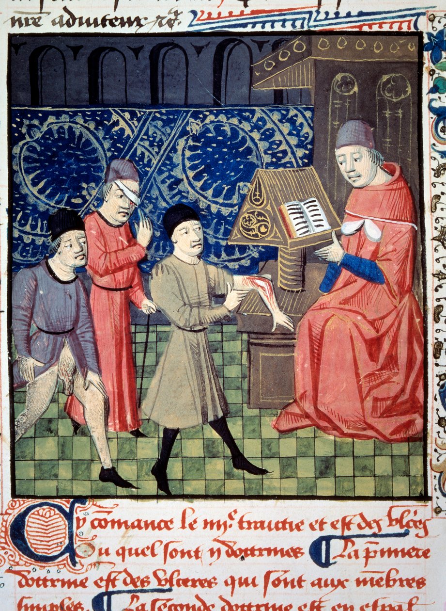 Três pacientes com úlceras no braço, olho e sexo em frente ao médico. Miniatura de "Cirurgia" (Folio 66) escrito por Guy de Chauliac (1290? 1368). Manuscrito do século XV. BN, Paris de Unknown artist