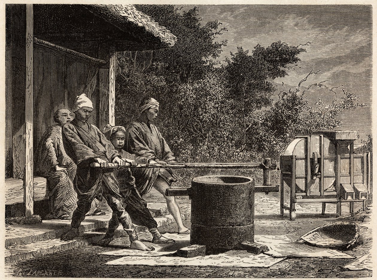 Três camponeses a operar o moinho de arroz. Gravura para ilustrar a viagem ao Japão em 1863-1864, de Aime Humbert, ministro da Confederação Suíça, no "Le tour du monde, nouveau journal des voyages", publicado sob a direção de Edouard Charton de Unknown artist