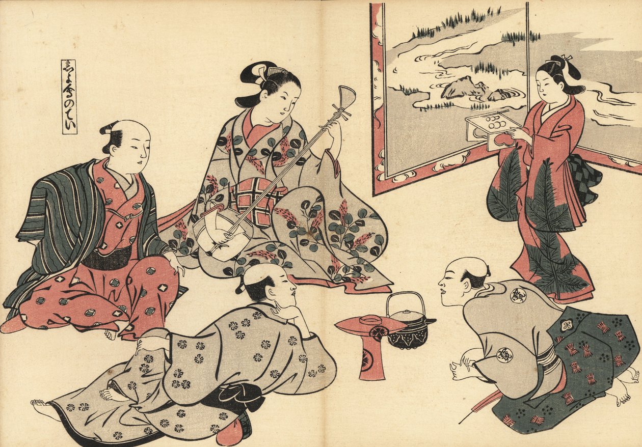 Três samurais ouvem uma cortesã tocar o shamisen, enquanto um kamuro traz comida numa bandeja. Impressão em bloco de madeira de Masanobu Okumura (1686-1764) de Fuzoku Emakimono, Pergaminho da Água, Tóquio, reimpressão por volta de 1880. de Unknown artist