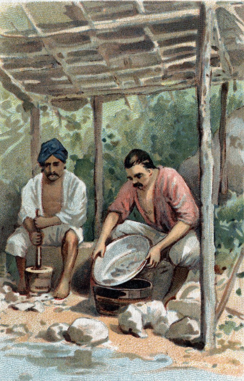 Lavadores de estanho em Malacca (Malaka), Malásia. Cromolitografia do final do século XIX. de Unknown artist