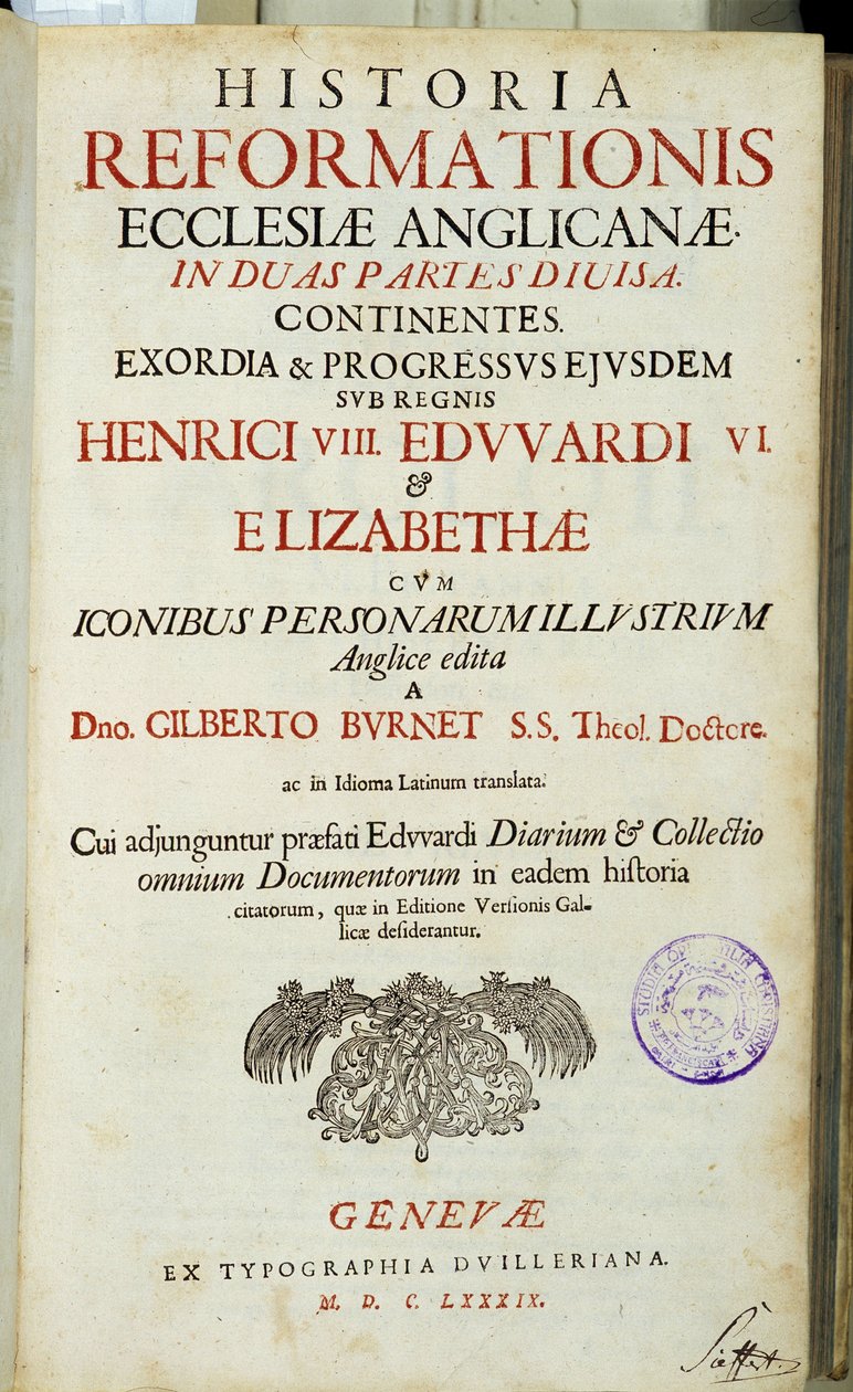 Página de título "Historia Reformationis Ecclesiae Anglicanae...", Genebra de Unknown artist