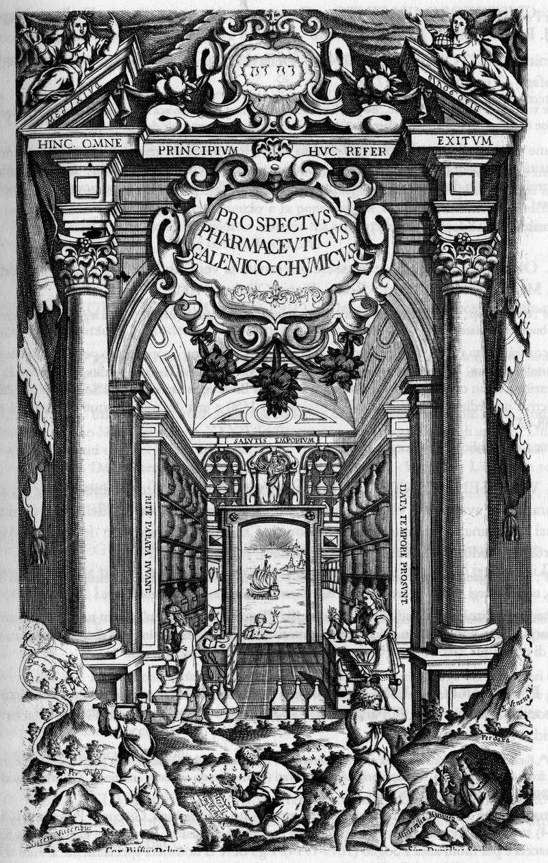 Página de rosto de "PROSPECTUS PHARMUTICI SUB QUO ANTIDOTARIUM MEDIOLANENSE GALENO-CHIMICUM EXCELENTIMI SENATUS IUSSU MEDIOLANI, EX TYPOGRAPHIA CAROLI QUINTI de Unknown artist