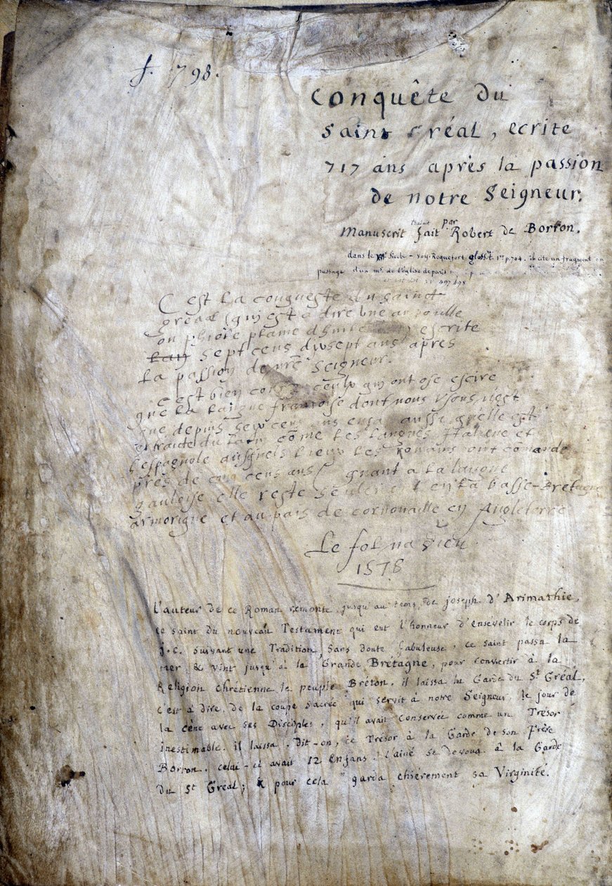 Página de título de um manuscrito: Conquista do Saint Gréal, escrito 717 anos após a paixão do nosso senhor. Bibliotheque municipale de Rennes, ms. 255 (Coleção de romances da Távola Redonda); Paris de Unknown artist