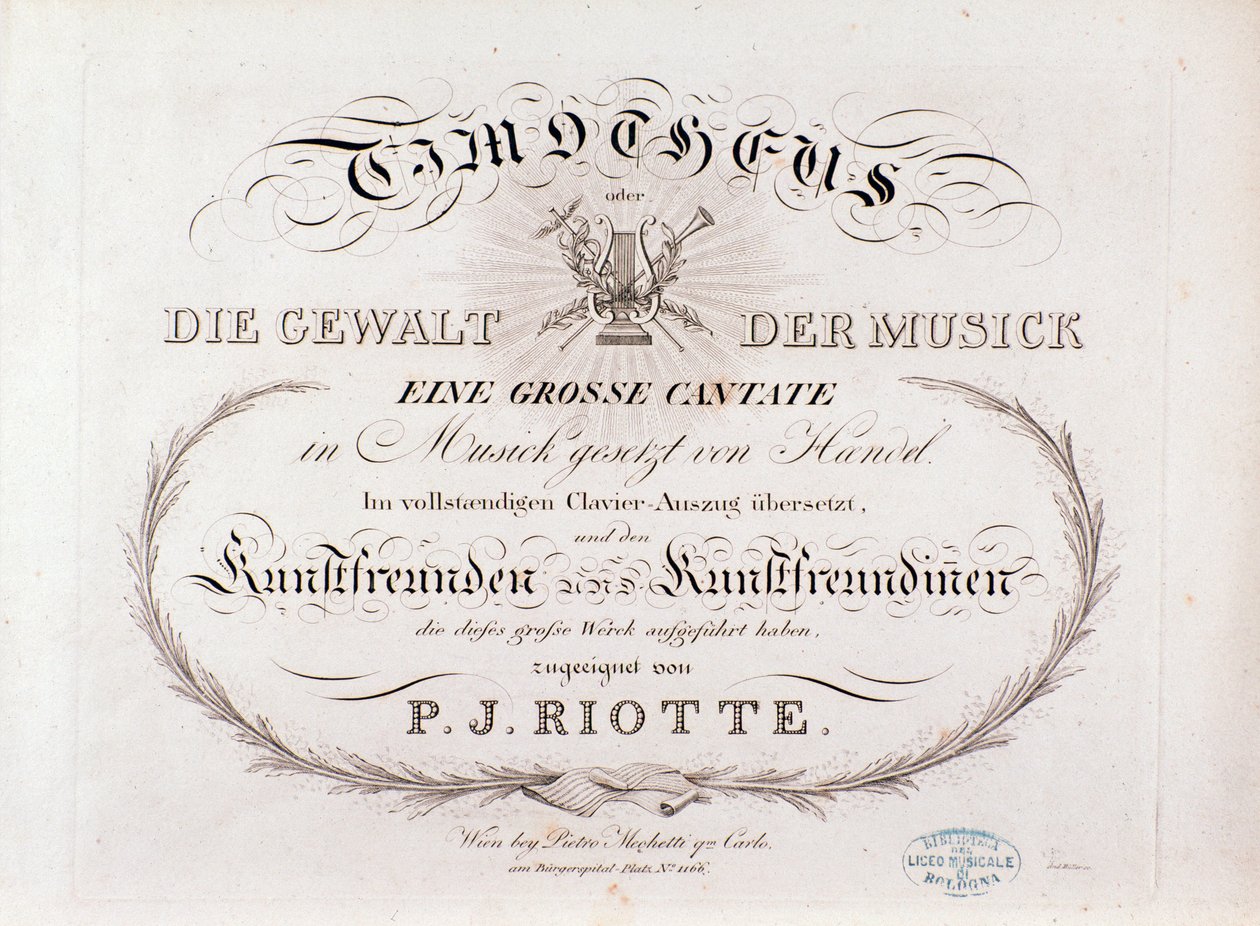 Página de título da partitura musical de Timotheus por G F Handel (1812) de Unknown artist
