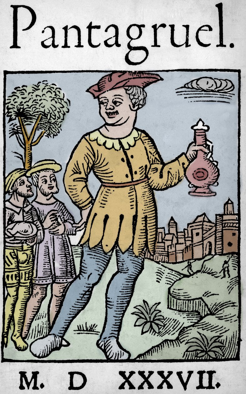 Página de título da edição de 1537 de Pantagruel, de François Rabelais - O gigante Pantagruel e dois dos seus apóstolos, de 
