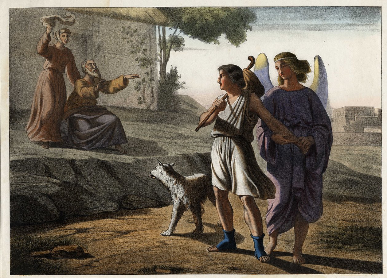 A partida de Tobie acompanhada pelo anjo (seus pais o saúdam, incluindo Tobit, seu pai). Gravura anónima de meados do século XIX. de Unknown artist