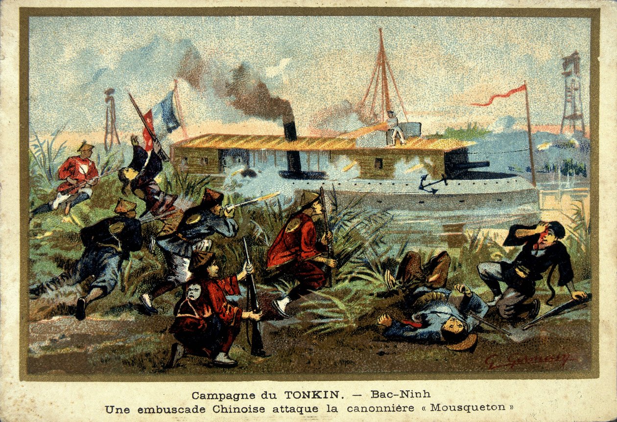 Campanha Tonkin: em Bac-Ninh, uma emboscada chinesa ataca o barco de armas "Mosquetão" - chromo, final do século XIX de Unknown artist