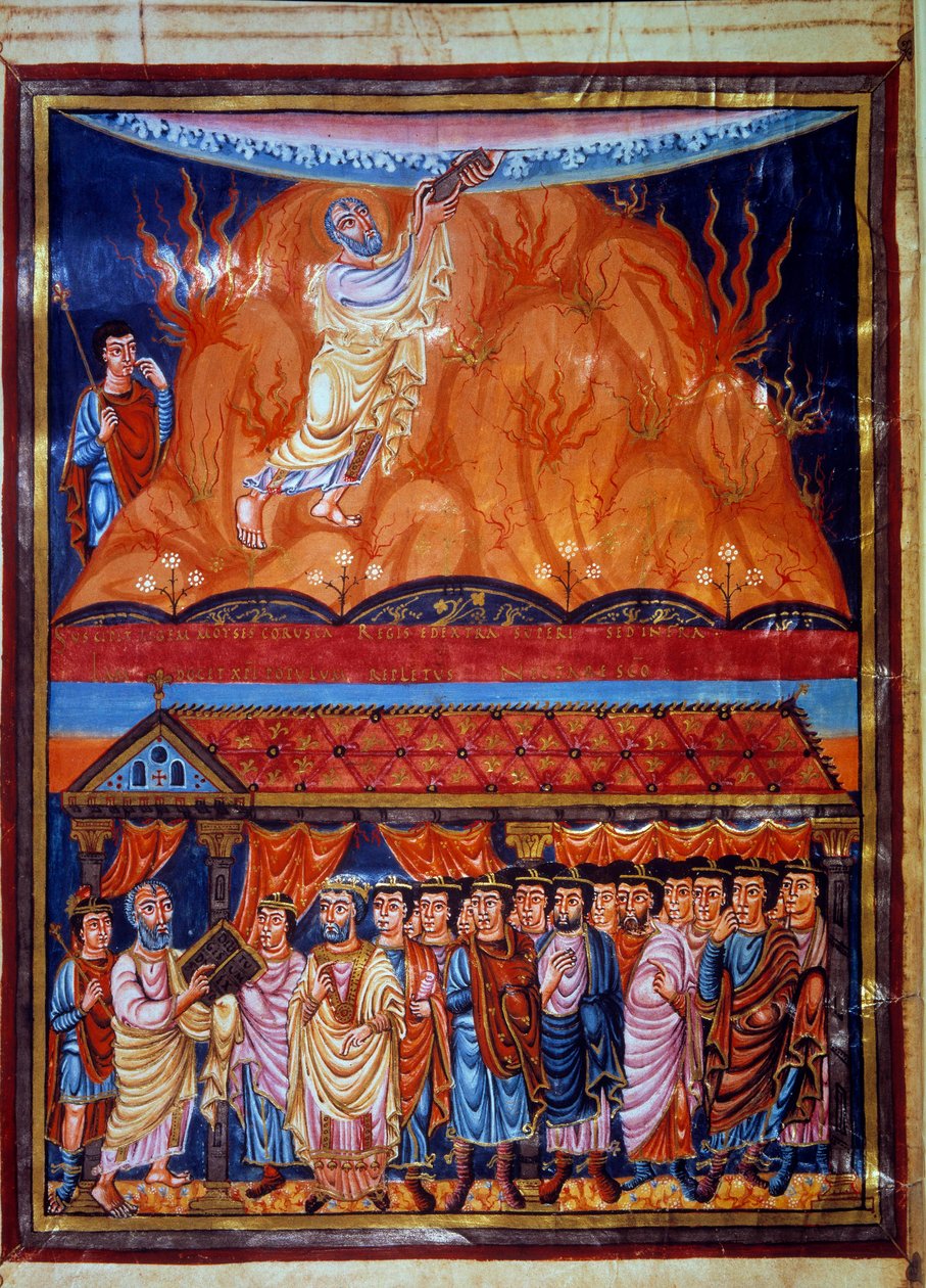 Em cima: Moisés recebendo as tabelas da Lei, em baixo: Moisés explica a Lei ao povo hebreu. Miniatura da "Primeira Bíblia de Carlos, o Careca" Paris do século IX, B.N. de Unknown artist
