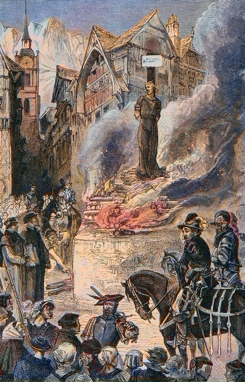 Tortura de Michel Servet em Genebra (Michael Servetus) (Michel de Villeneuve) Médico e teólogo espanhol (1511-1553) - Le torice de Michel Servet (Miguel Serveto) (1511-1553) Médico e teólogo espanhol em Genebra de Unknown artist