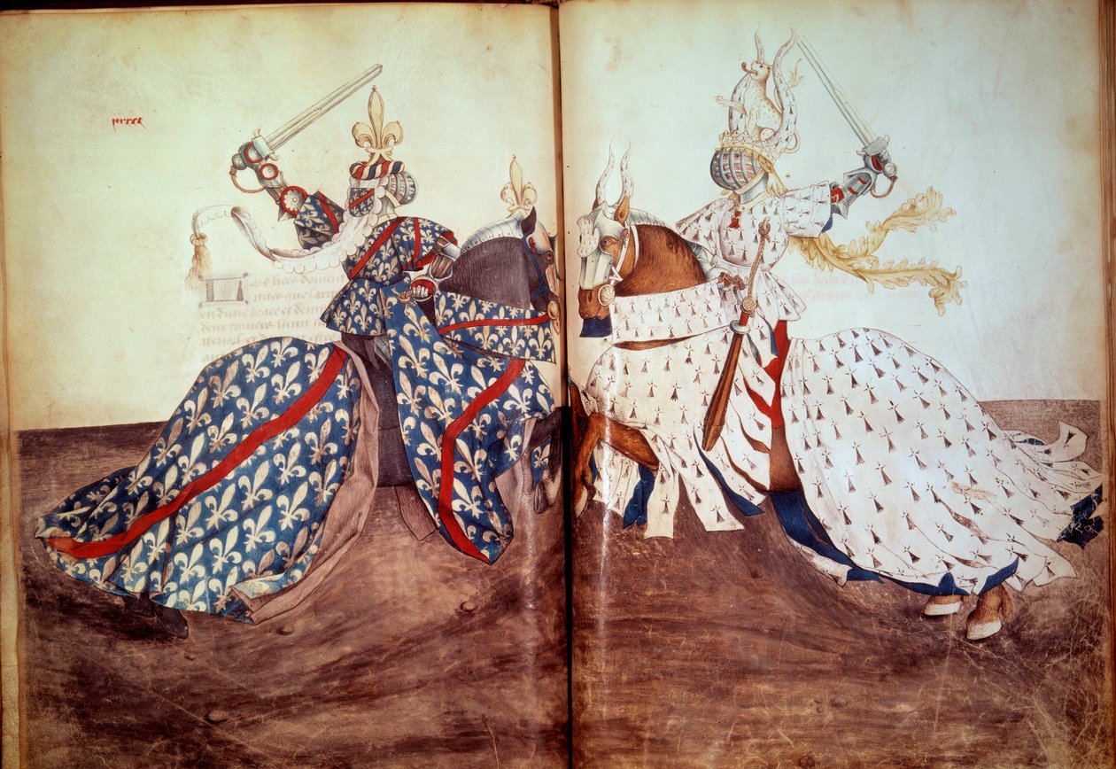 Torneio: Jogo do Senhor Chamador e Senhor Réu (Duque da Bretanha e Duque de Bourbon face). Manuscrito "Livro de torneios" (Folio 32v - folio33) de René d