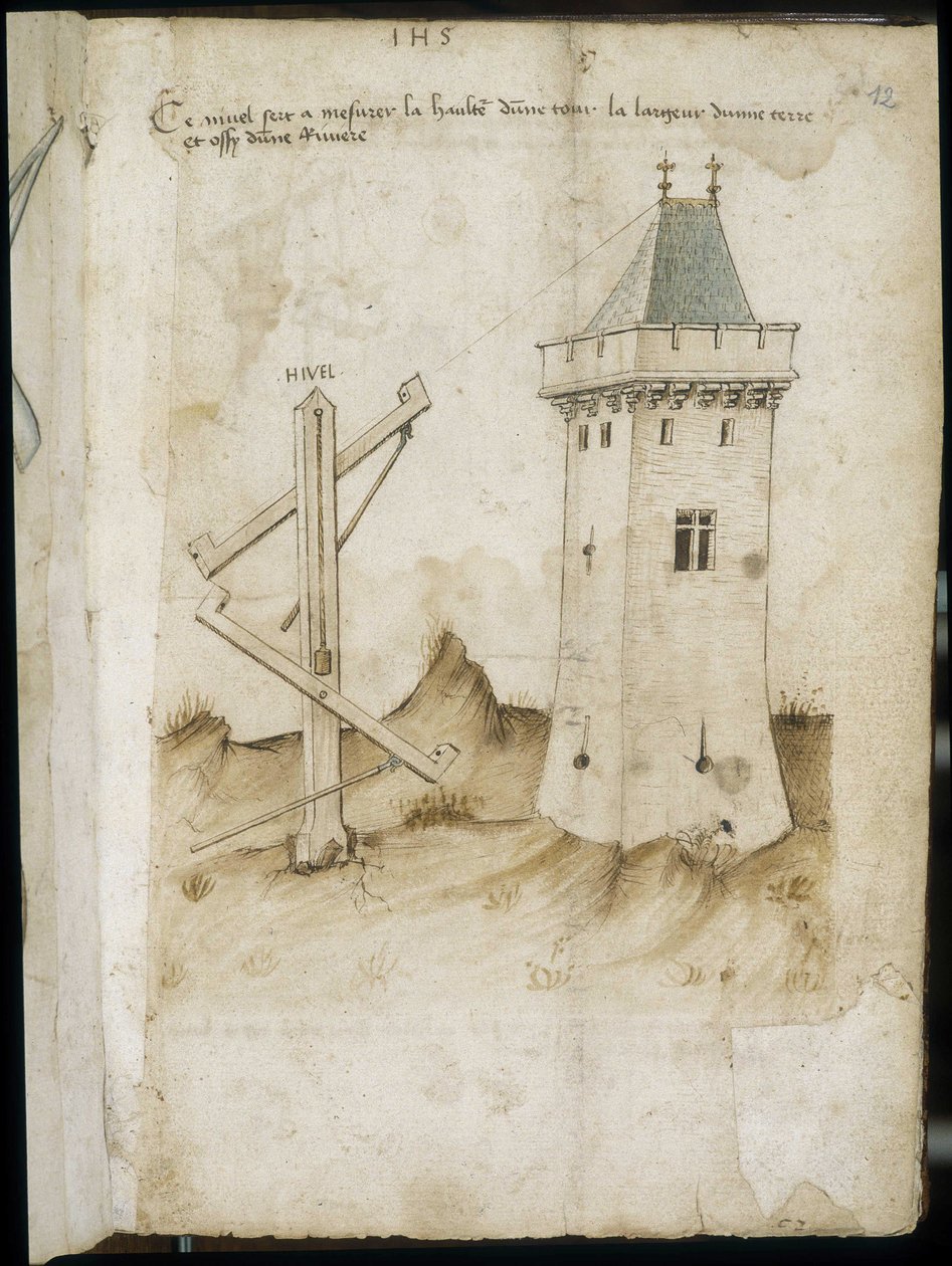 Máquina de medição de torres - Manuscrito: folha de pergaminho de um manual de engenharia para a construção de edifícios civis, religiosos e militares, anónimo, finais do século XV (figura em tinta chinesa) de Unknown artist