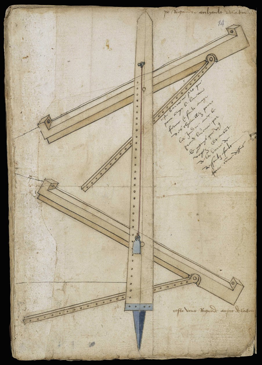 Máquina de medição de torres - Manuscrito: folha de pergaminho de um manual de engenheiro para a construção de edifícios civis, religiosos e militares, anónimo, finais do século XV (figura em tinta chinesa) de Unknown artist