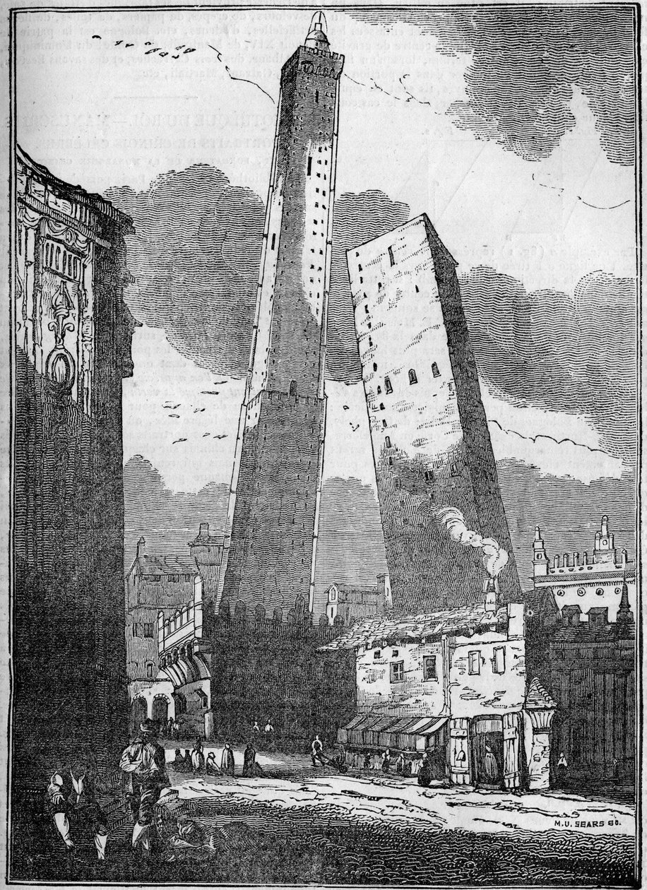Torres de Bolonha - a torre Asinelli e a menor torre Garisenda - gravada no século XIX de Unknown artist