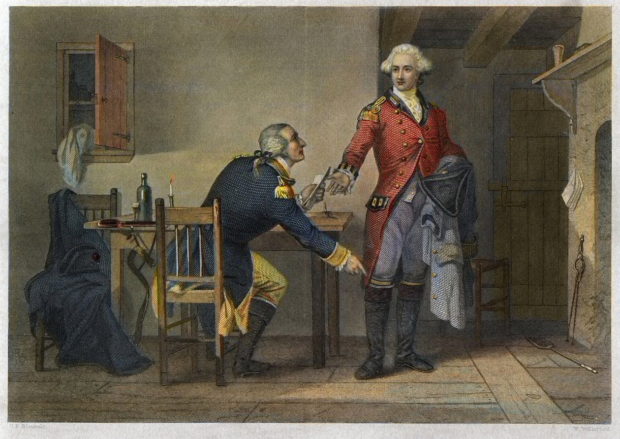 Trahison of Arnold - Guerra da Independência ou Revolução Americana (1775-1783) - Benedict Arnold (1741-1801) conseguiu convencer o Major John Andre (1750-1780) a esconder os planos de West Point na sua bota na reunião de 21 de Setembro de 1780. de Unknown artist