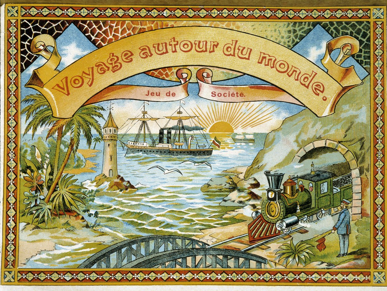 Comboio, farol e barco, jogo de cobertura "Journey around the world", n.d. 19. de Unknown artist