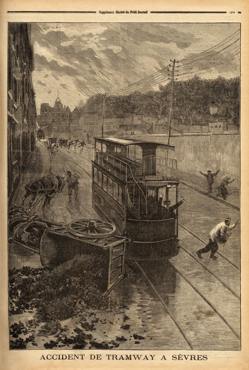 Acidente de eléctrico em Sevres, danos materiais mas sem ferimentos. Gravação no "Le petit journal" 24/01/1897. Coleção Selva. de Unknown artist