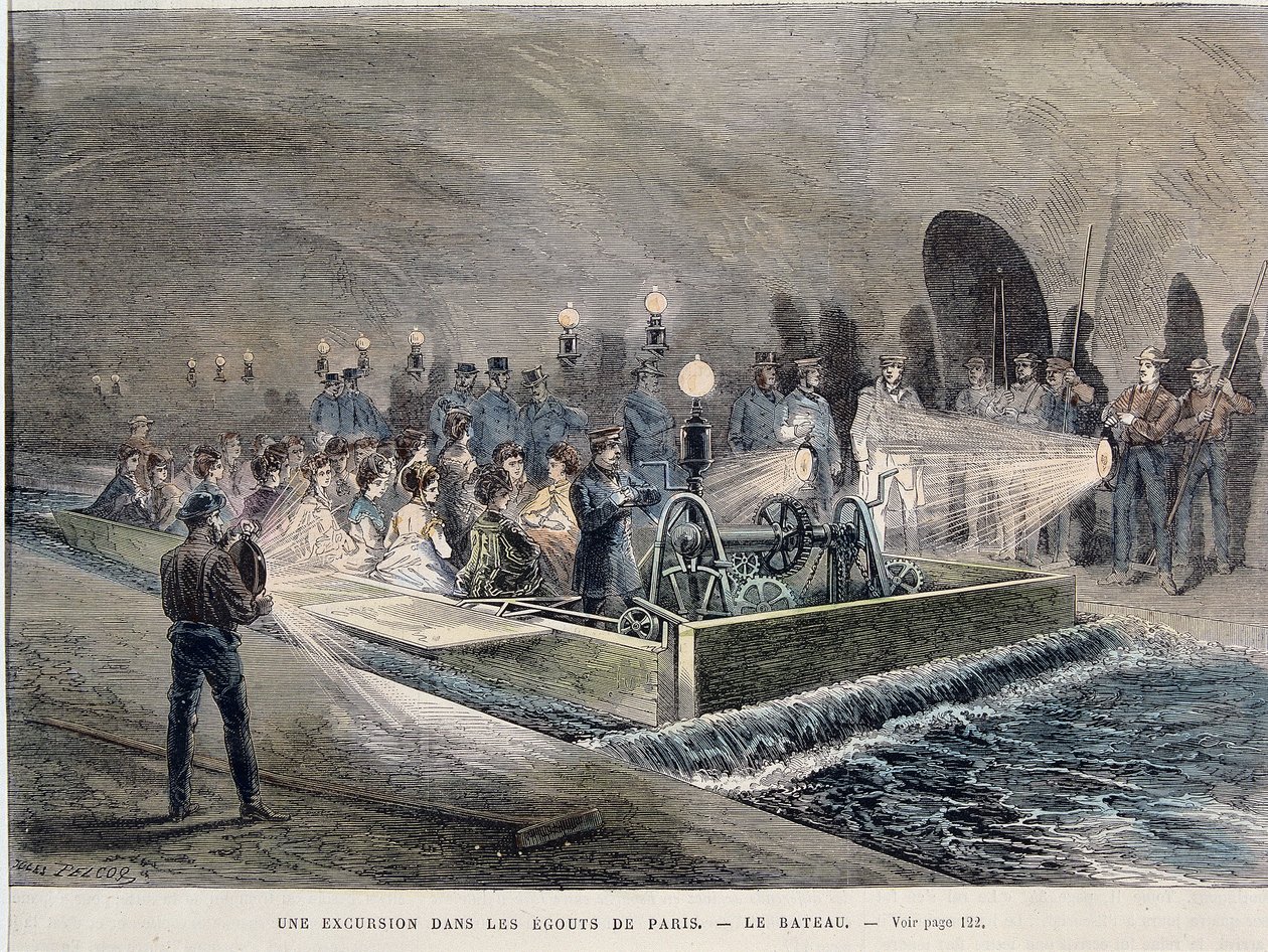 Transformações de Paris sob o Segundo Império, Haussmann Paris. Uma excursão nos Egouts de Paris (obras Haussmannian) - gravura, final do século XIX de Unknown artist