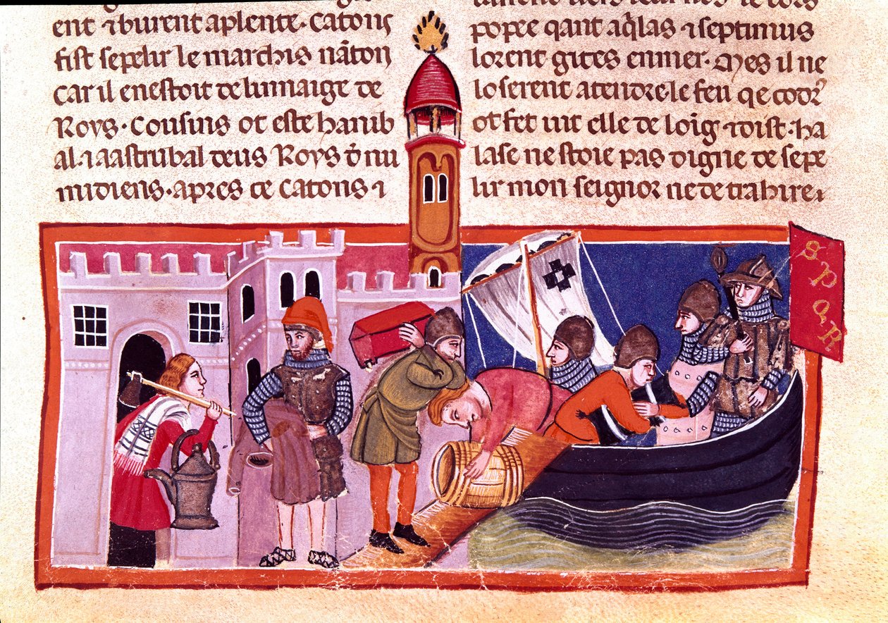 Transporte de mercadorias e produtos alimentares por via navegável interior. Miniatura de um códice francês em pergaminho "The Facts of Romans" contando a história antiga até Jules Cesar (101 AC-44 AC). Século XIII Veneza, biblioteca Marciana de Unknown artist