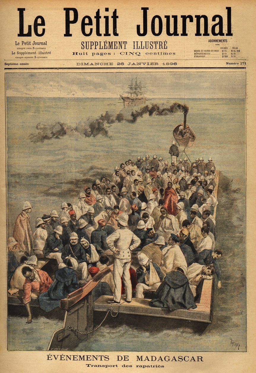 Transporte de rapatries feridos de Madagáscar. Gravação no "Le petit journal" 26/01/1896. A colecção da Selva. de Unknown artist
