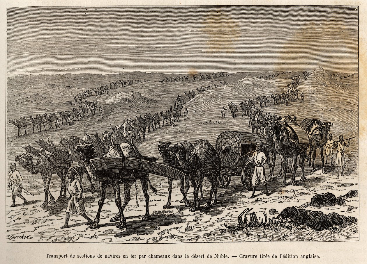 Transporte de secções de navios de ferro por camelos, no deserto de Núbia (Sudão), gravura que ilustra uma expedição armada na África Central, para a supressão do comércio negro de Unknown artist
