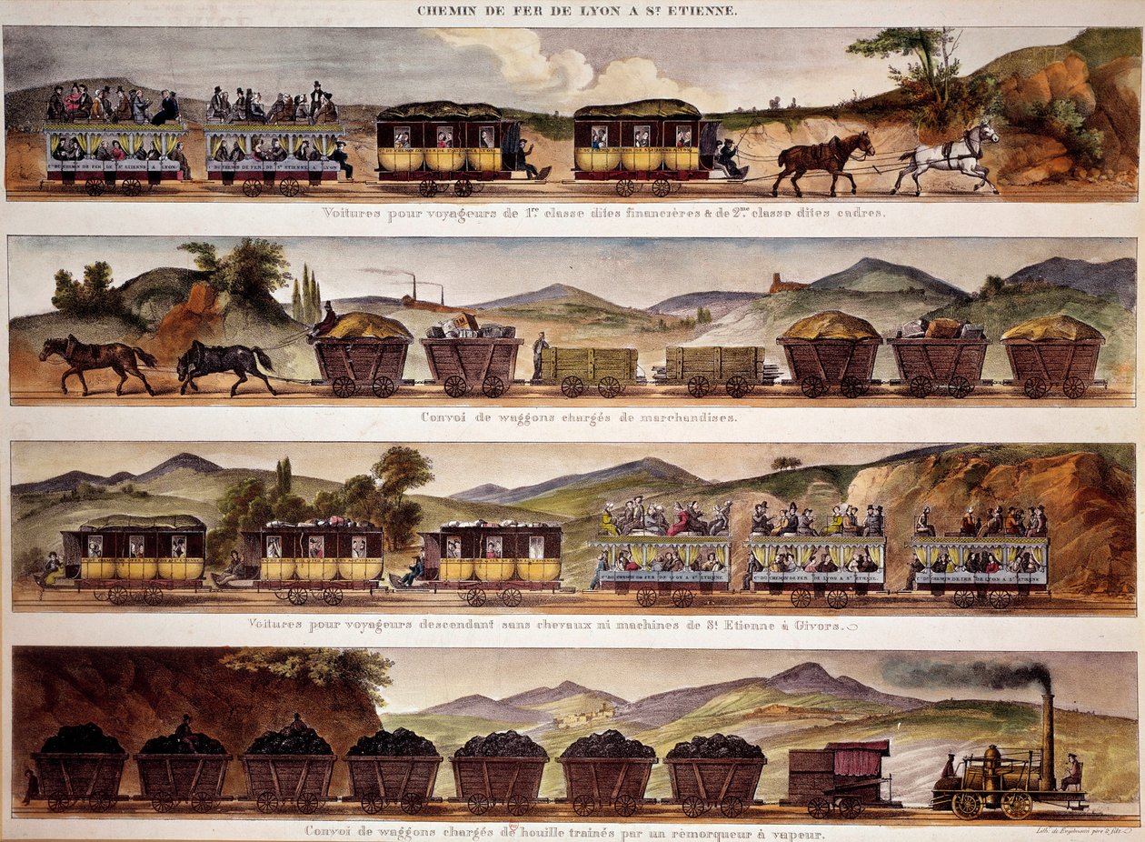 Transporte: representação de comboios de carga e de passageiros de Saint-Etienne a Lyon. Paris do século XIX, B.N. de Unknown artist