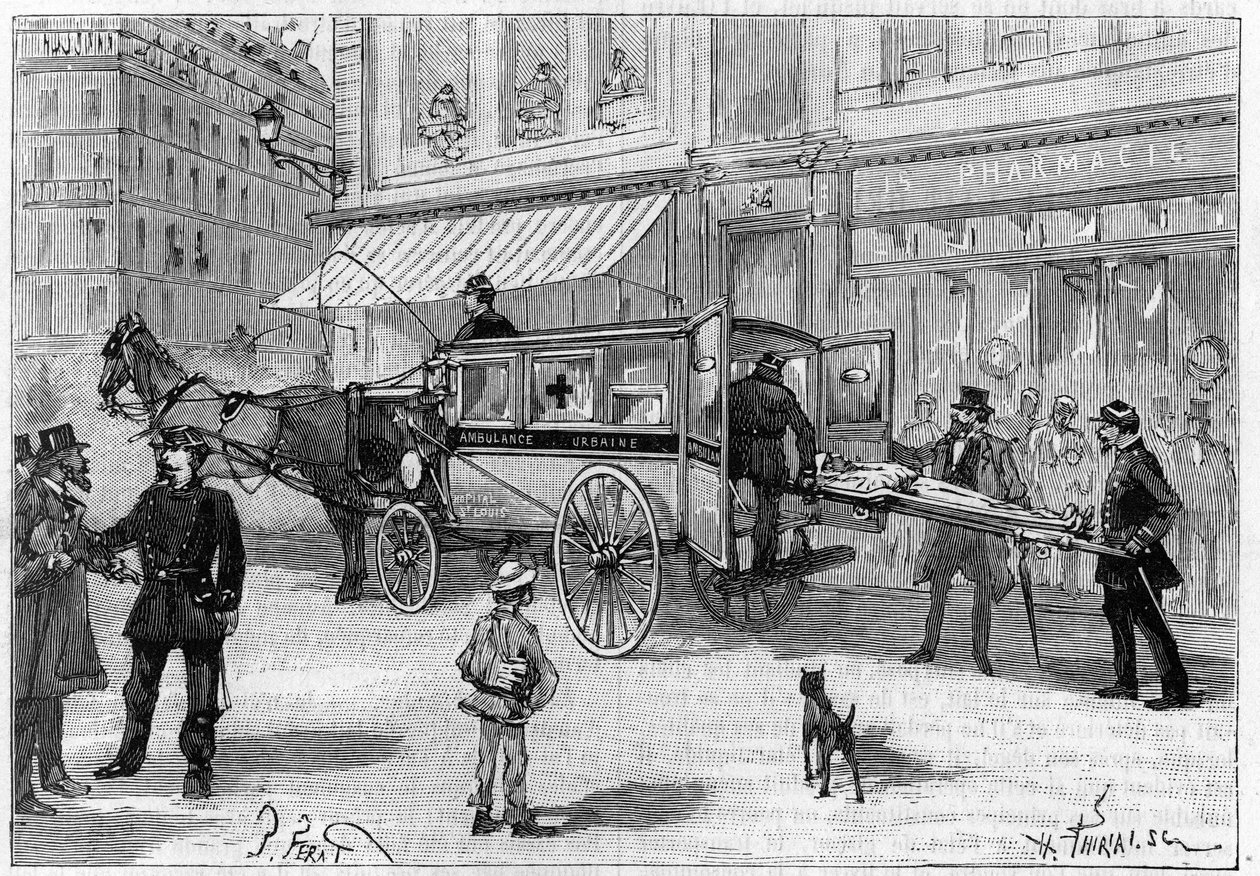 Transporte de uma pessoa ferida num carro da Ambulâncias de Paris. Gravação em "La Nature". Revue des sciences et de ses applications aux arts et a l
