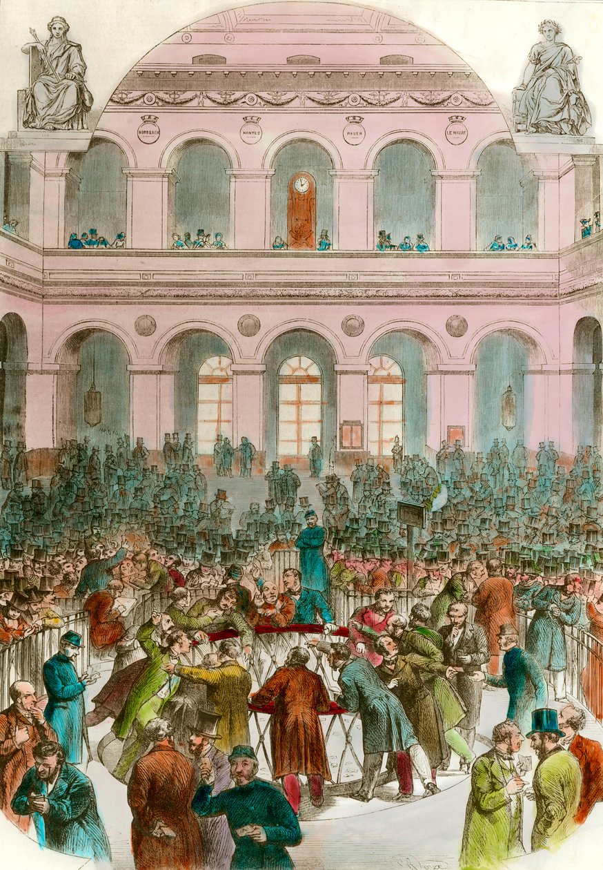 Lixo de agentes de intercâmbio na Bourse de Paris Engraving 1856 Colecção privada de Unknown artist