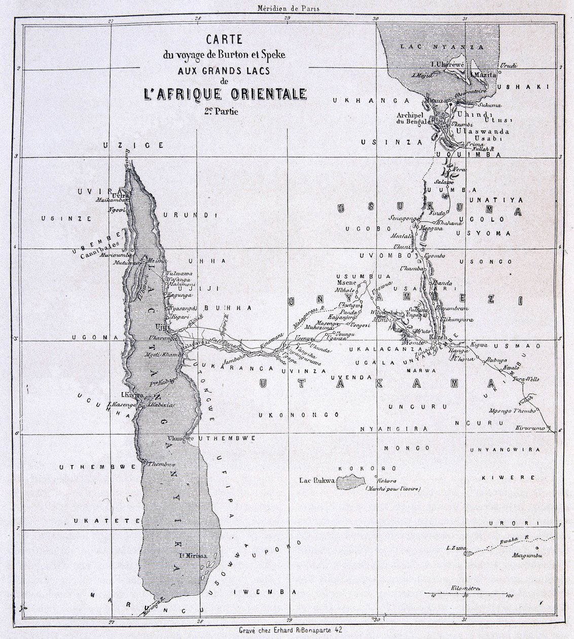 Mapa de viagem de Richard Francis Burton, explorador britânico (1821-1890) e Speke to the Great Lakes of East Africa 1857-59 - em Tour du Monde de Unknown artist