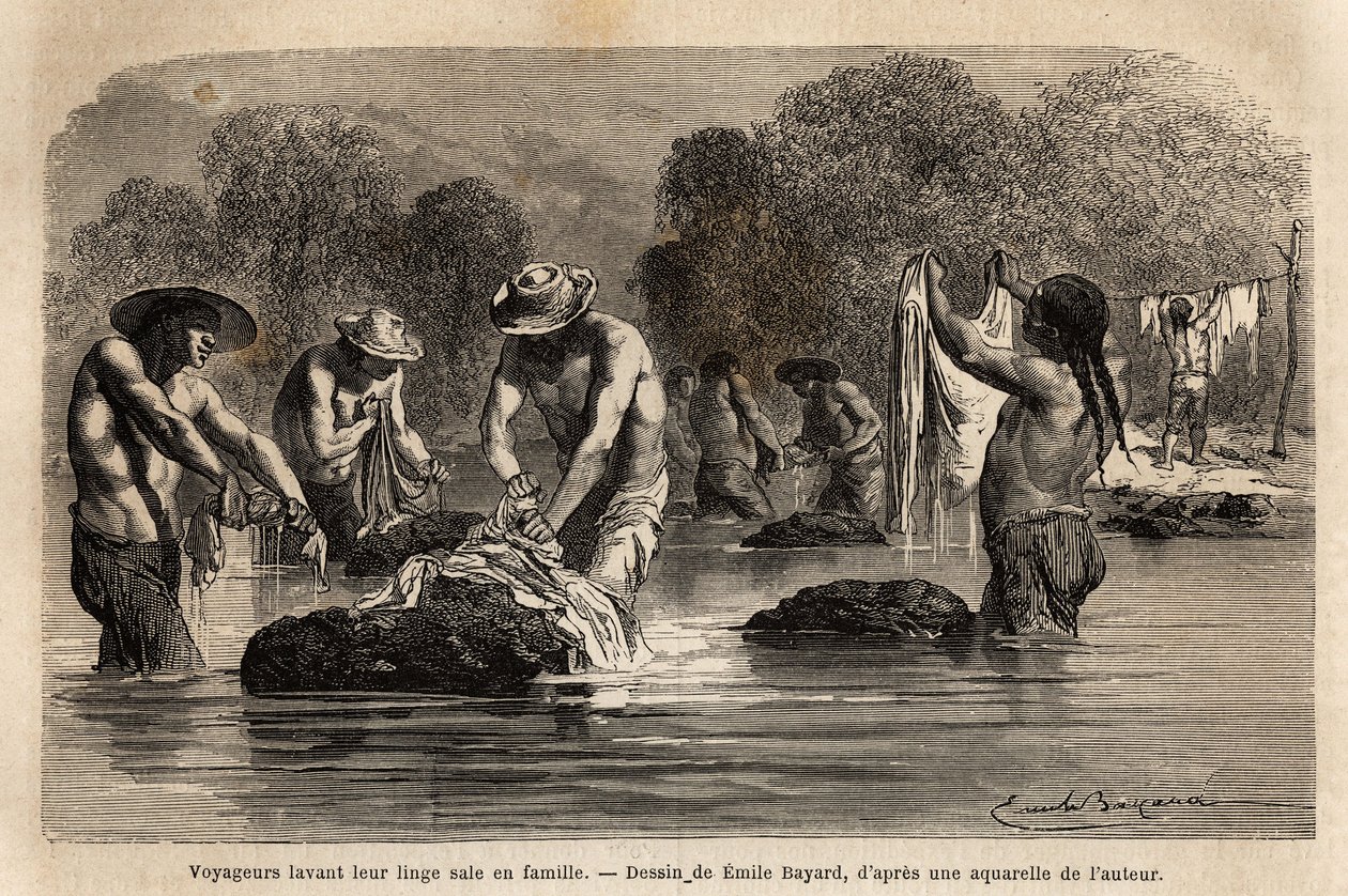 Viajantes lavando sua roupa suja no rio, junto com peões bolivianos, nas proximidades de Maniri (Baixo Peru). Engravure pour illustrrer le voyage dans les vallees de Quinquinas, de Paul Marcoy, em 1849-1861, publicado em "Le tour du monde" 18 de Unknown artist