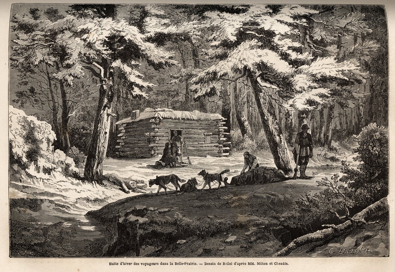 Cabana de inverno do viajante no belo prado (Canadá), refúgio para caçadores e seu trenó. Gravura para ilustrar a viagem do Atlântico para o Pacífico (route du nord ouest par les terres), em 1862-1864 pelo Visconde Milton e pelo Doutor Cheadle, i de Unknown artist